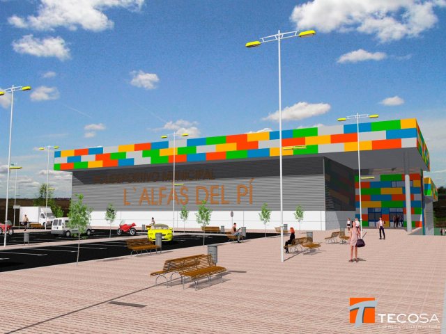 Infografía del polideportivo L'Alfas del Pí en Almería. Vista principal derecha.