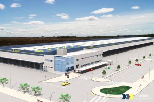 Infografía de nave industrial Azkar. Vista aéra