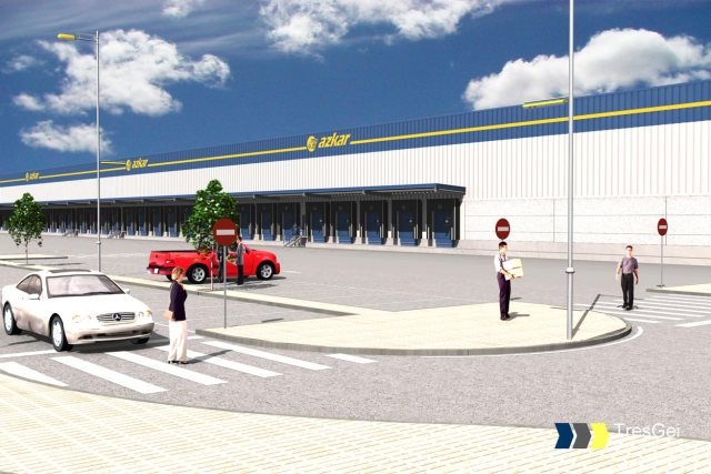 Infografía de nave industrial Azkar. Vista nave muelles