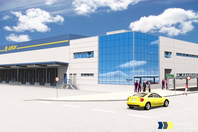 Infografía de nave industrial Azkar. Vista oficinas izquierda
