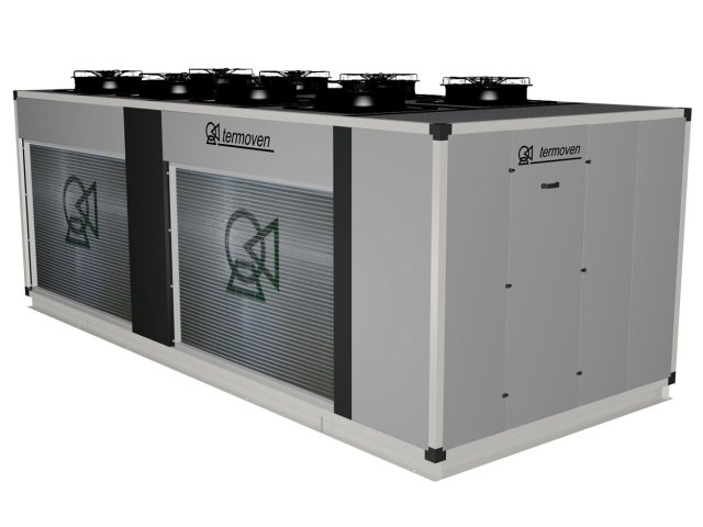 Infografía de enfriadora mod. ETX 230-4 DI. Vista exterior frontal derecha.