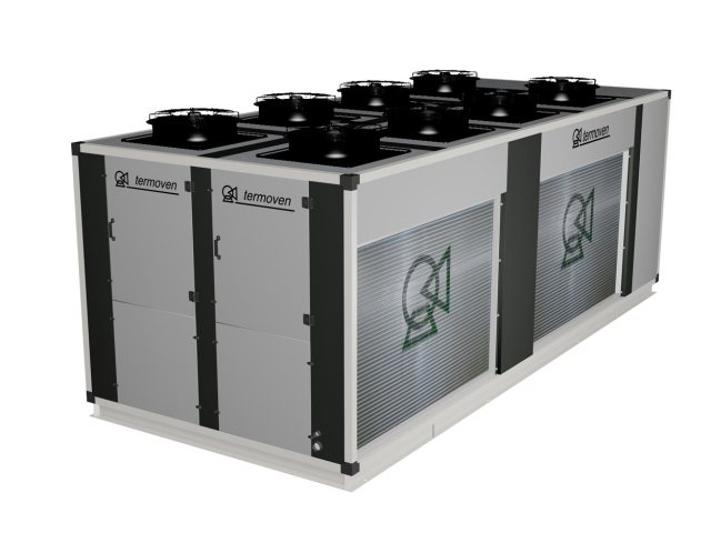 Infografía de enfriadora mod. ETX 230-4 DI. Vista exterior frontal izquierda.