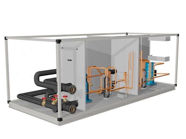 Infografía de enfriadora mod. ETX 230-4 DI. Vista interior trasera izquierda.