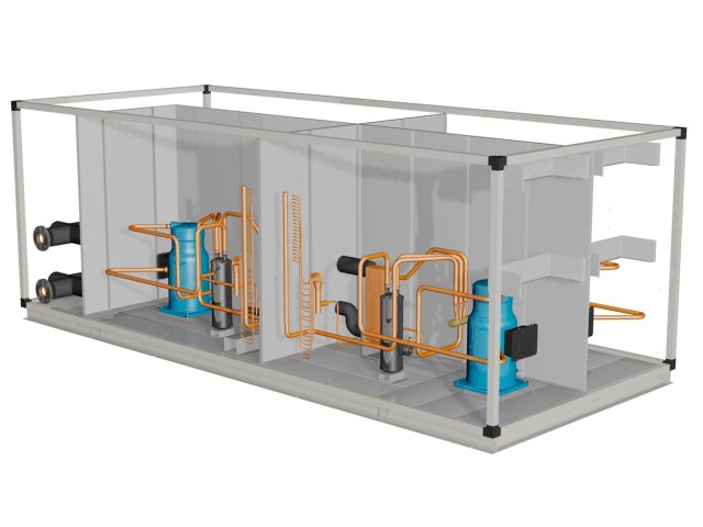 Infografía de enfriadora mod. ETX 230-4 DI. Vista interior trasera derecha.