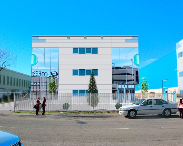 Infografía de nave industrial Equin. Vista frontal