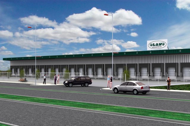 Infografía nave industrial Olano. Vista principal derecha. Acceso muelles