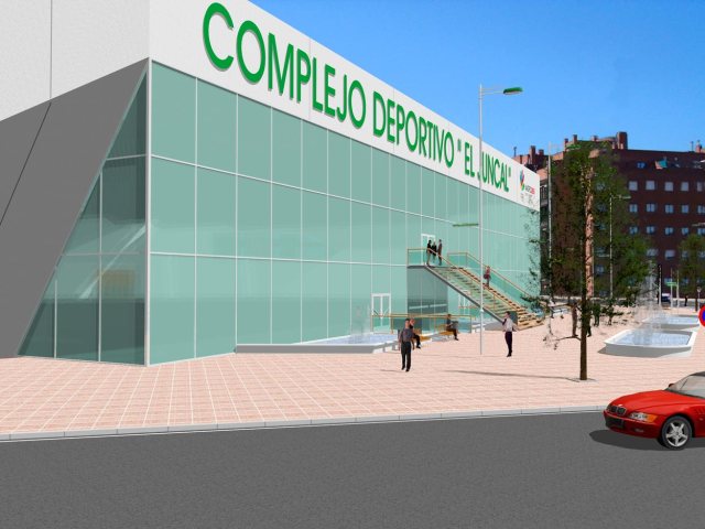 Propuesta de infografía del Complejo deportivo el Juncal en Torrejón de Ardoz. Vista acceso principal.