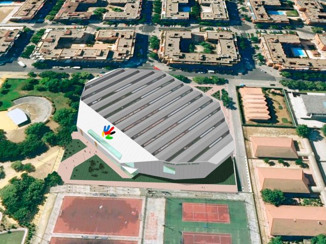 Propuesta de infografía del Complejo deportivo el Juncal en Torrejón de Ardoz. Vista Aérea. pistas