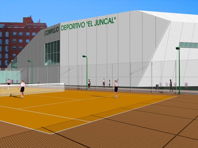 Propuesta de infografía del Complejo deportivo el Juncal en Torrejón de Ardoz. Vista trasera derecha.