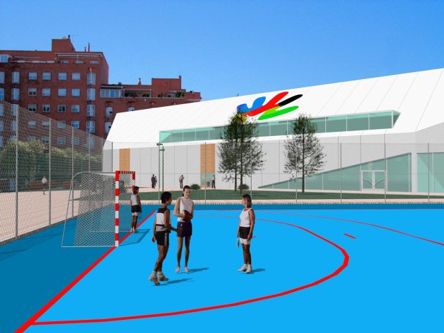 Propuesta de infografía del Complejo deportivo el Juncal en Torrejón de Ardoz. Vista trasera izquierda.